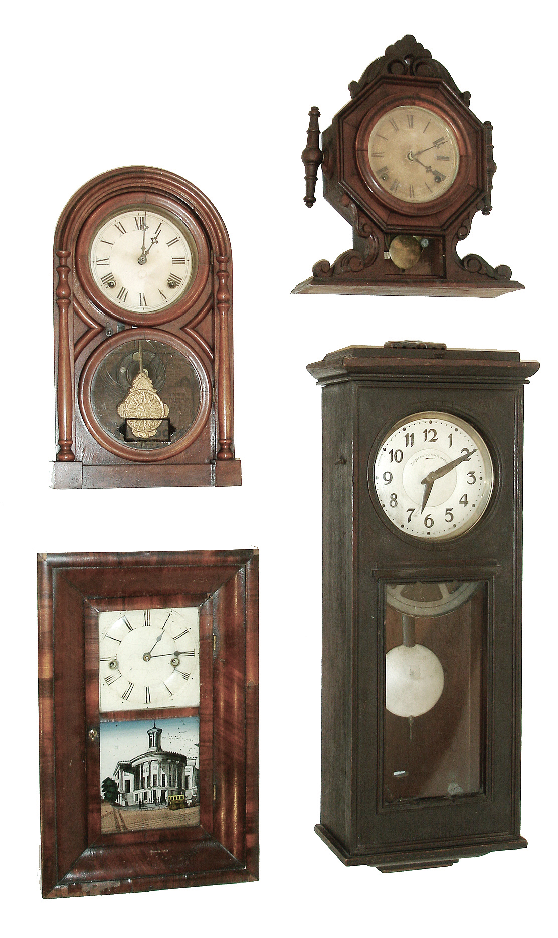Clocks- 4 (Four): (1) Ansonia Clock Co., Ansonia, Conn., 30 hours, time and strike, spring brass movement small OG shelf clock, c1880 (2) Daniel Pratt &amp; Sons, Reading, Mass. 8 days, time and strike, spring brass movement round top shelf clock. (3) George A. Jones &amp; Co., New York, NY, ÓNew JerseyÒ, 8 days, time and strike, spring brass movement mantel clock, 1870. (4) German, electric master time clock. A large ring with raised pins that can be moved to setup timing intervals that trips a lever to send a signal to a bell some other device. — Antique Clocks Price Guide