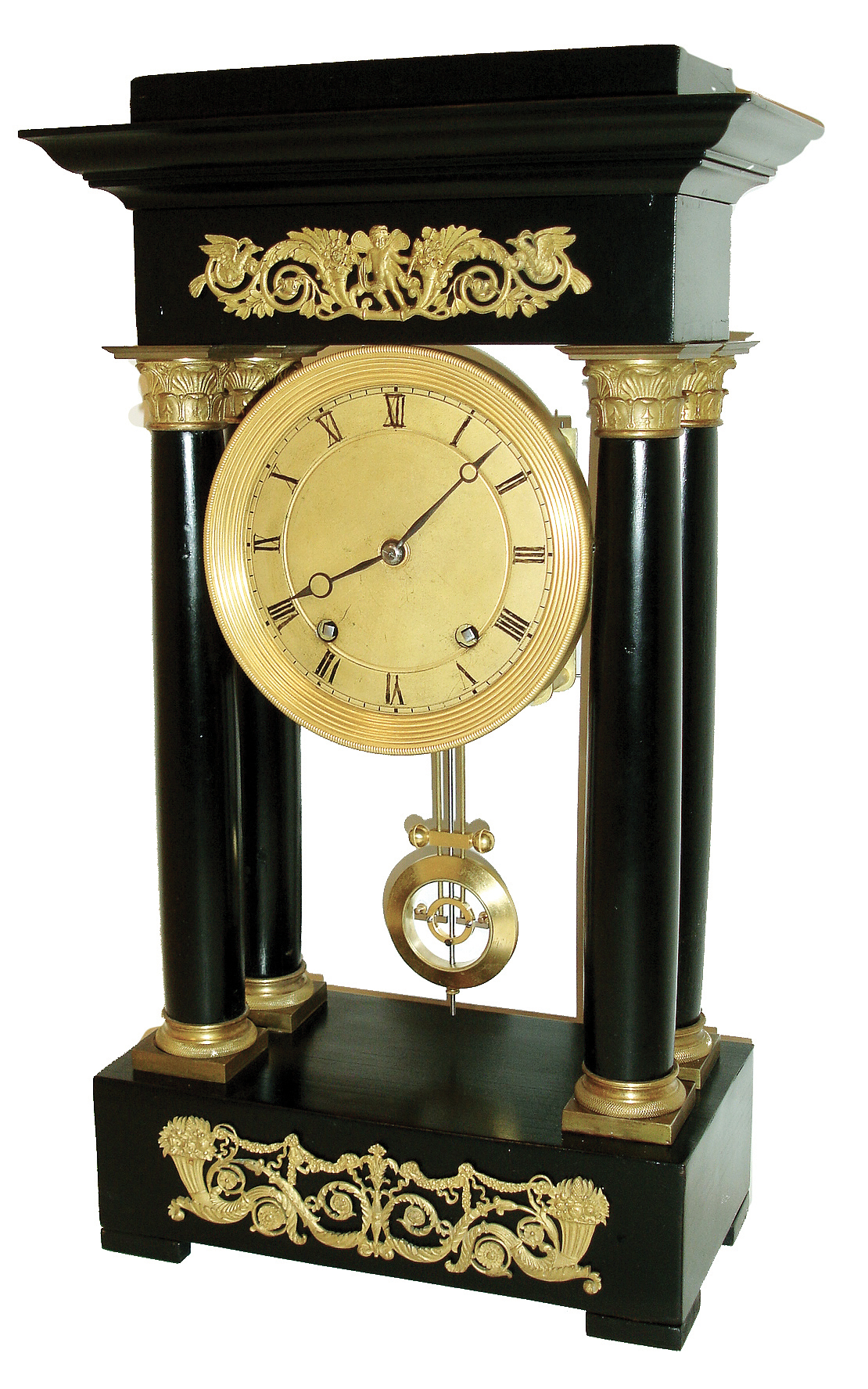 French portico clock, large ebonized wooden case with gilt bronze mounts, Roman numeral gilt dial, blued steel Breguet style hands, 8 - 15 day, time and strike, movement with square plates, c1820 — Antique Clocks Price Guide