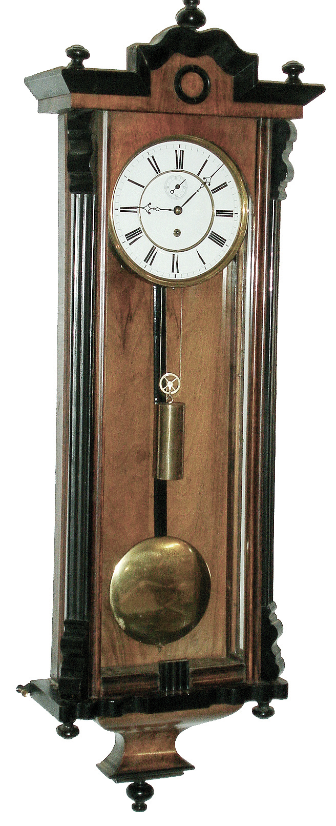 Lenzkirch, Germany, Vienna Regulator wall clock, 8 days, time only, weight driven movement marked with old Lenzkirch hallmark in a mahogany and ebonized case with a white enamel dial and subsidiary seconds, serial number 187093, c1870 — Antique Clocks Price Guide