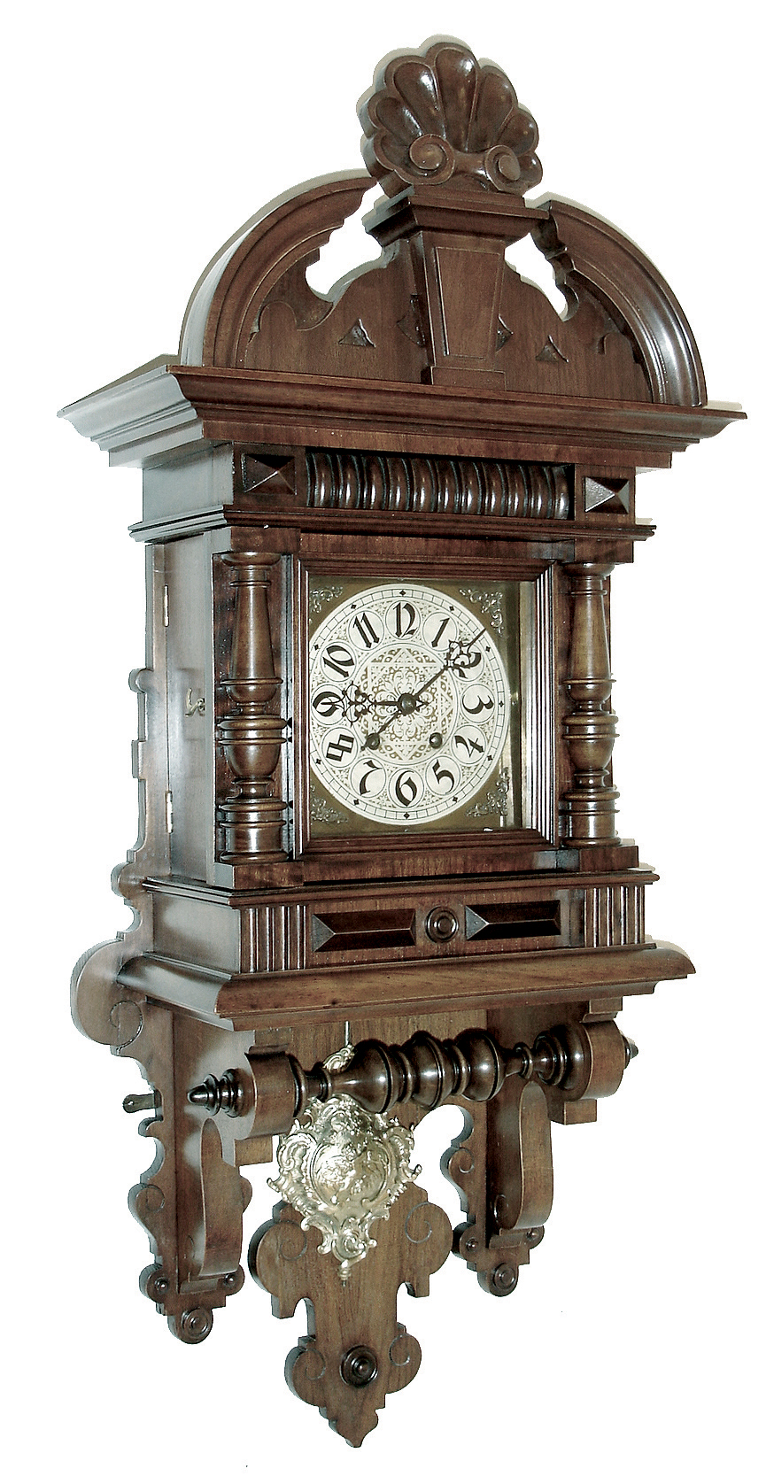 Lenzkirch, AGU, Germany, ÓFreischwingerÒ, 8 days, time and strike, spring driven, series No. 26 movement in a walnut case with nicely turned cross column below door and turned half columns flanking silvered dial, serial number 927944, c1891 — Antique Clocks Price Guide