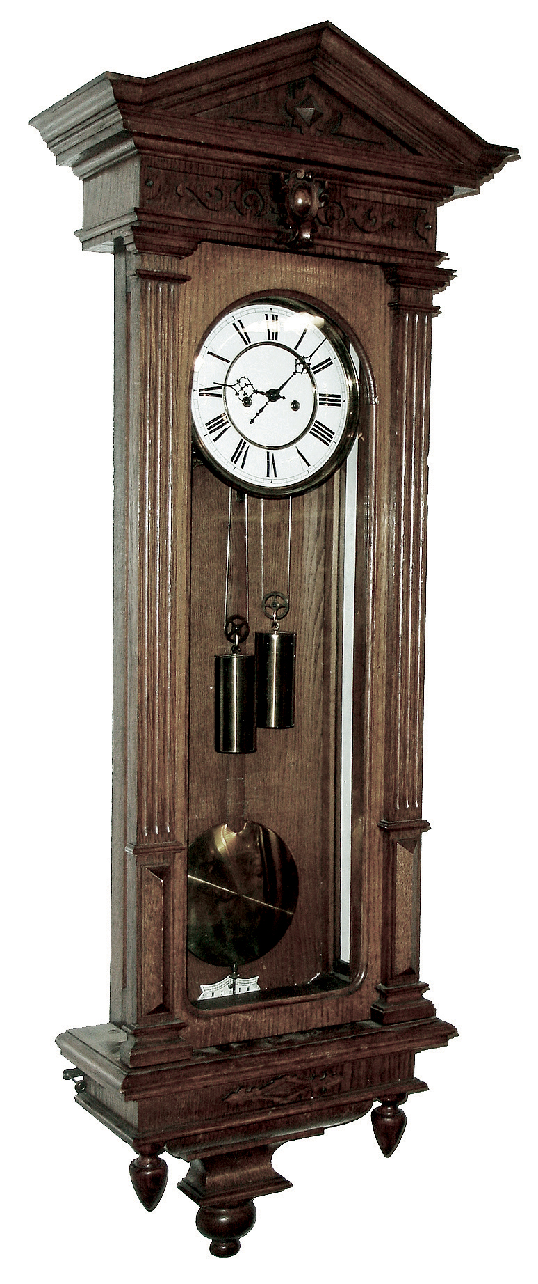 Lenzkirch, Germany, Vienna Regulator wall clock in the Alt Deutsche style, 8 days, time and strike, weight driven movement marked with Lenzkirch hallmark in an oak case with applied carvings, flat reeded columns flanking door, a pediment top, white enamel dial, serial number 1160521, c1897 — Antique Clocks Price Guide