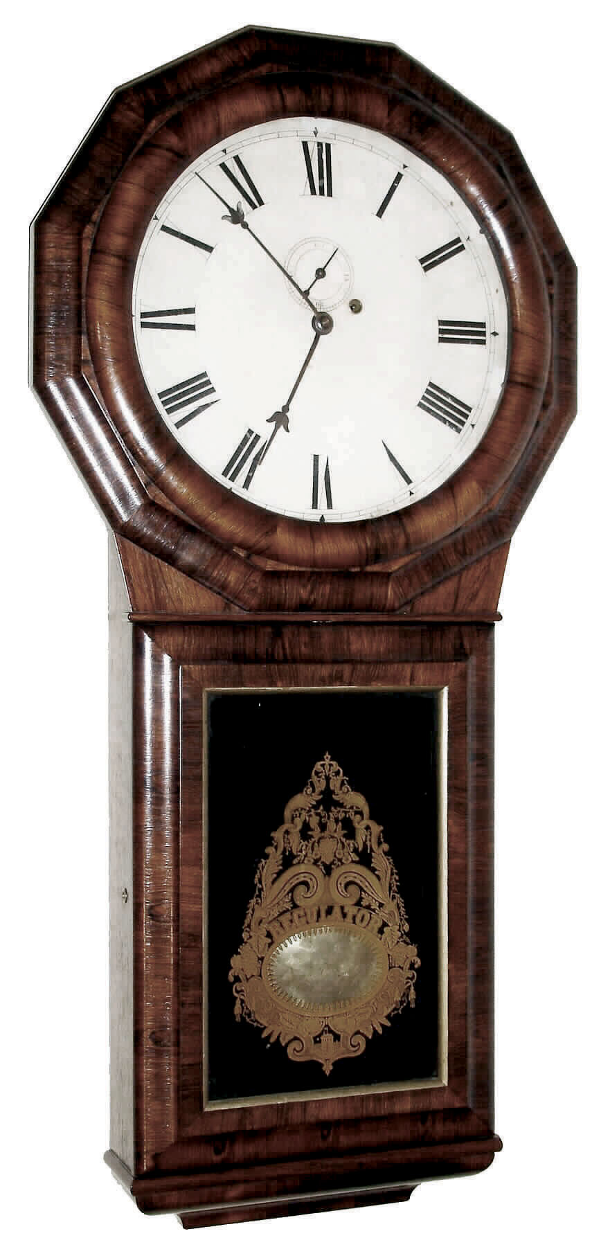 Seth Thomas Clock Co., Plymouth Hollow, Conn., ÒRegulator No. 1 ExtraÓ wall clock, 8 days, time only, weight driven movement in rosewood veneered mahogany case with reverse painted tablet and painted metal dial, c1862 — Antique Clocks Price Guide