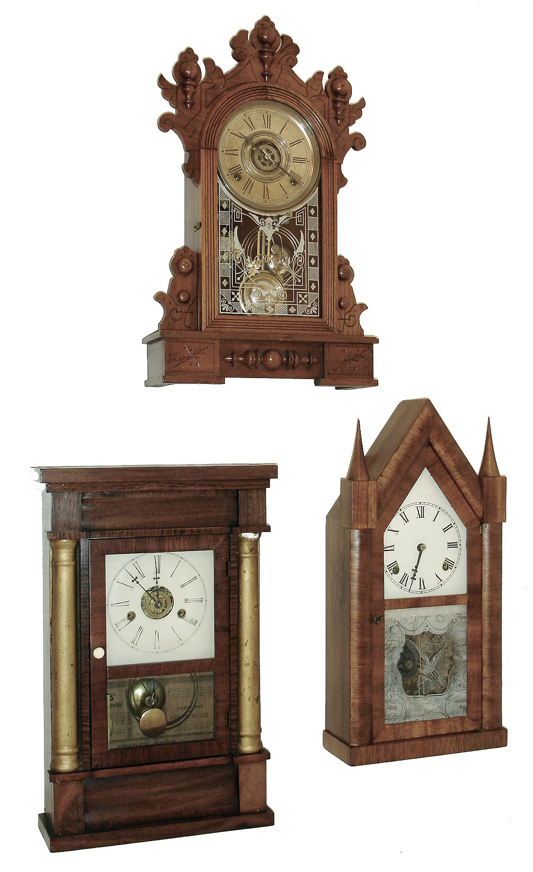 Clocks- 3 (Three): (1) Daniel Pratt &amp; Sons, Boston, Mass steeple shelf clock with a, spring driven, fusee, 30 hours, time and strike, movement in a mahogany veneered case, c1849. (2) Forestville Mfg. Co., Bristol, Conn., Column shelf clock with a spring driven, 30 hours, time, strike and alarm movement in a rosewood veneered case, c1850. (3) Wm. L. Gilbert Clock Co., Winsted, Conn., ÓDioÒ shelf clock with a spring driven, 8 days, time, strike and alarm movement in a walnut case, c1891. — Antique Clocks Price Guide