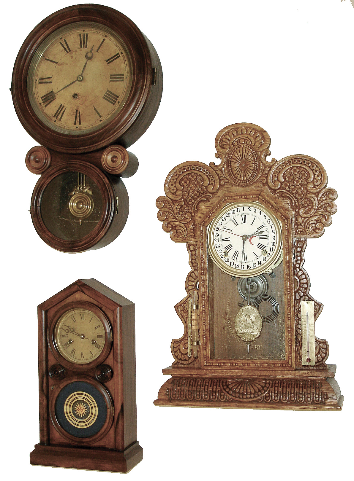 Clocks- 3 (Three): (1) Ingraham Clock Co., Bristol, Conn.unidentified model shelf clock with spring driven, 8 days, time &amp; strike movement in an oak case, c1915. (2) E. Ingraham &amp; Co., Bristol, Conn.ÒIonicÓ wall hanging clock with an, 8 days, time only, movement in a rosewood veneered case, c1890. (3) E. Ingraham Clock Co., Bristol, Conn.ÒDoric No. 2Ó shelf clock with a spring driven, 30 hours, time and strike, movement in a rosewood veneered case, c1880. — Antique Clocks Price Guide