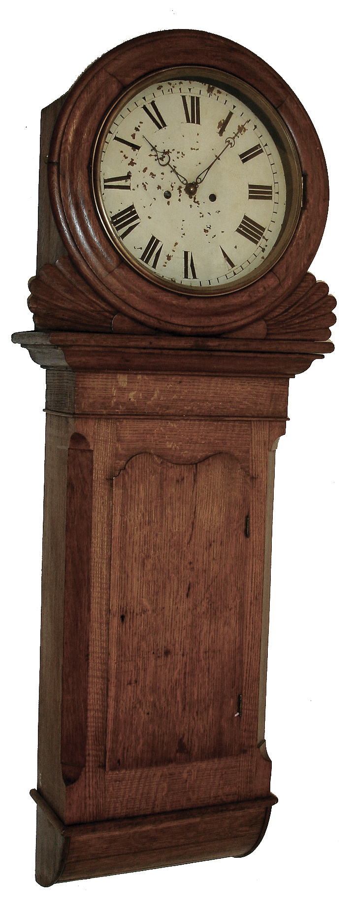 English tavern wall clock, 8 days, time and bell strike, weight driven movement in an oak case with painted metal dial, c1820 — Antique Clocks Price Guide