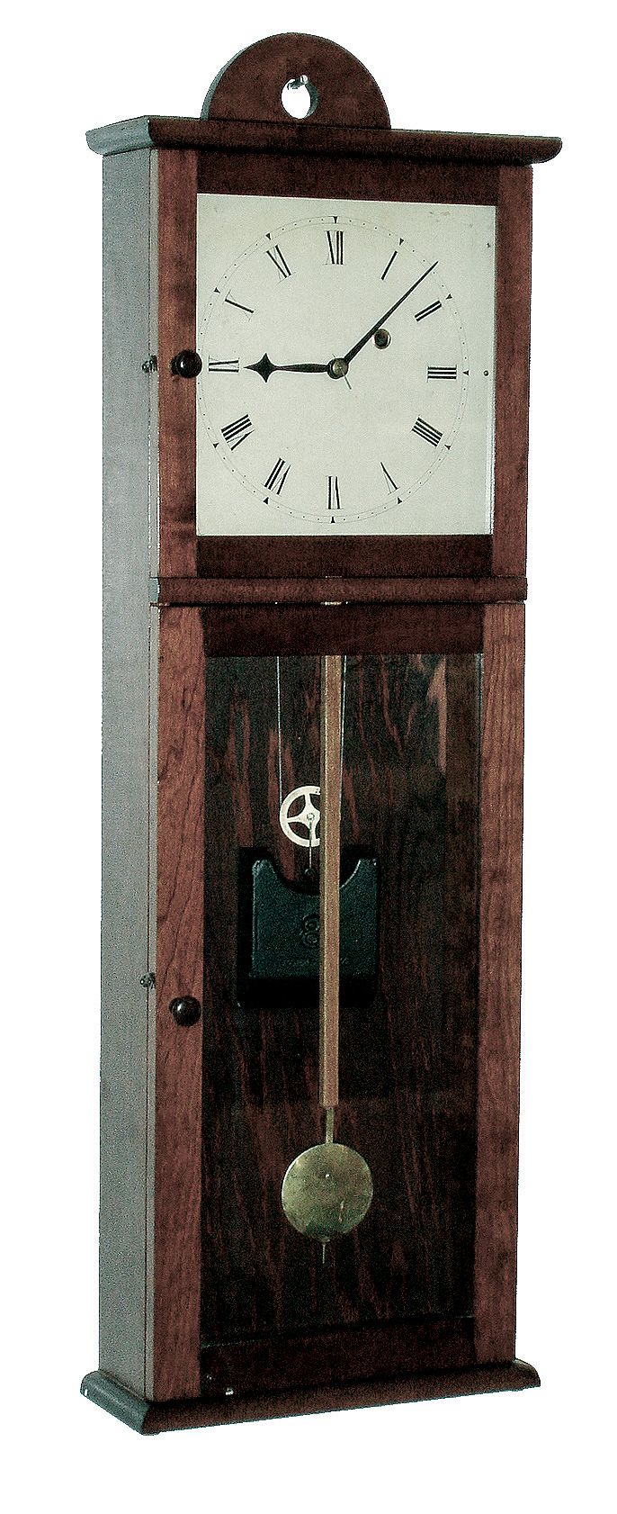 Joseph E. Brown, Sudbury, Mass., reproduction Shaker-style wall clock, after Isaac Newton Youngs of Mt. Lebanon, NY, 8 days, time only, weight driven, banjo type movement in a cherry case with painted metal dial, serial number 2, dated 3/18/09 — Antique Clocks Price Guide