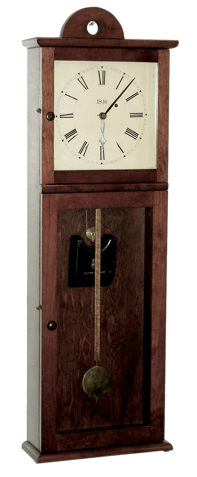 Joseph E. Brown, Sudbury, Mass., reproduction Shaker-style wall clock, after Isaac Newton Youngs of Mt. Lebanon, NY, 8 days, time only, weight driven, banjo type movement in a cherry case with painted metal dial, serial number 1, c2008 — Antique Clocks Price Guide