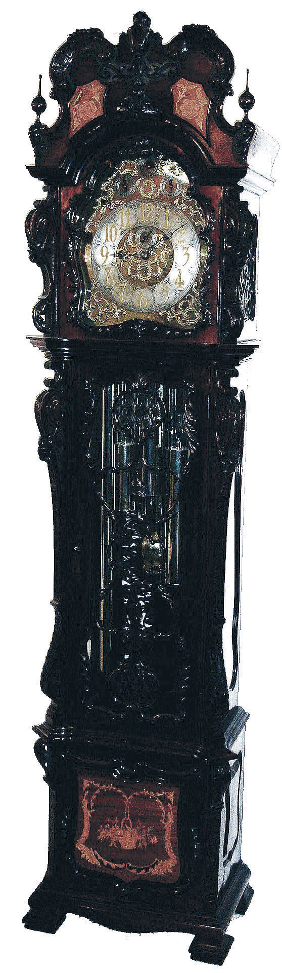 J.J. Elliott, London, England tall case clock, 8 days, time, strike and Westminster &amp; Whittington chime on nine nickel plated tubes, three nickel plated, weight driven movement in an extremely ornate inlaid and carved mahogany case with delicate fret work back board and sides on hood and applied carving over glass in trunk door. The superior brass dial is nicely shaped and has raised silver chapter ring and three subsidiary dials for Strike / Silent, Chime / Silent and tune selection, all surrounded by ornately cast brass trim and spandrels with cast brass dial center and subsidiary seconds, c1910 — Antique Clocks Price Guide
