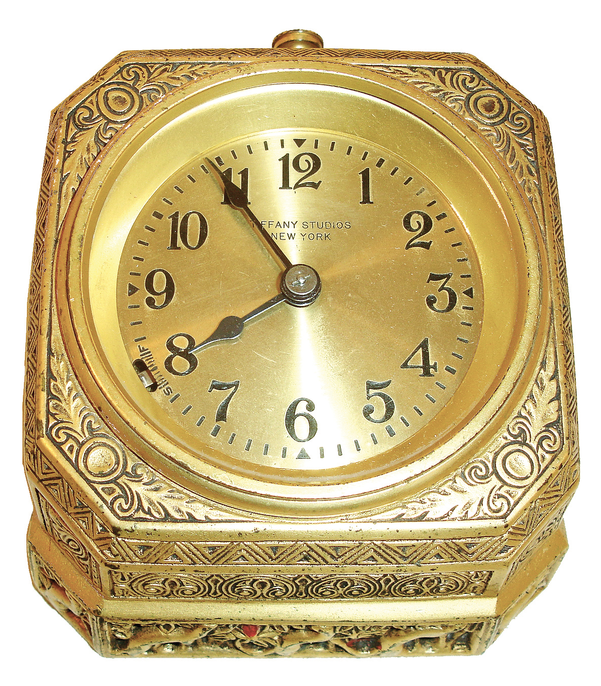 Chelsea, for Tiffany &amp; Co., New York, desk clock in the ÓVenetianÒ pattern, gilt bronze case, bottom stamped 1679, Arabic numeral gilt dial marked ÓTiffany Studios New YorkÒ, blued steel hands, 8 days, timepiece movement with lever escapement, c1920 — Antique Clocks Price Guide