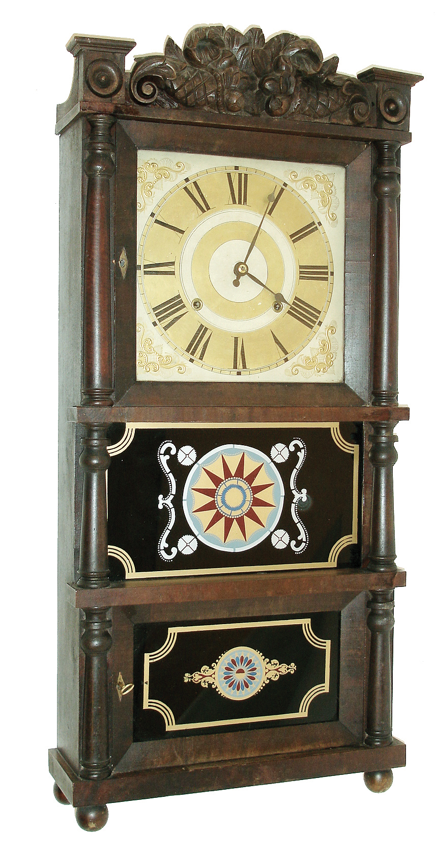 C. &amp; L. C. Ives, Bristol, Conn., 8 days, time and strike, with IvesÕ riveted strap plate weight-driven brass movement in triple deck Empire shelf case, c1835 — Antique Clocks Price Guide