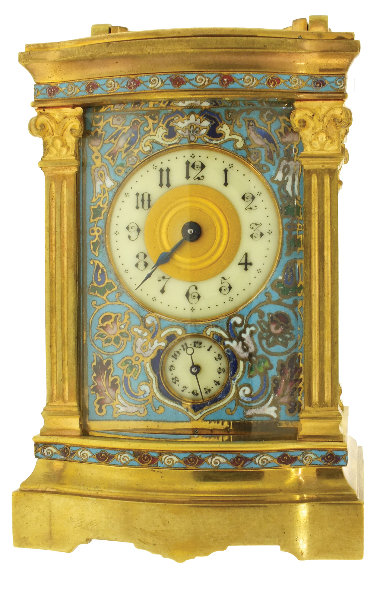 France, carriage clock with champleve enamel, gilt bowed front case, fluted pilasters with classically inspired capitals at the corners, Arabic numeral enamel dials with champleve mask, blued steel hands, 8 days, timepiece movement with jeweled lever platform and alarm, sounding on a bell concealed in the base, c1900 — Antique Clocks Price Guide