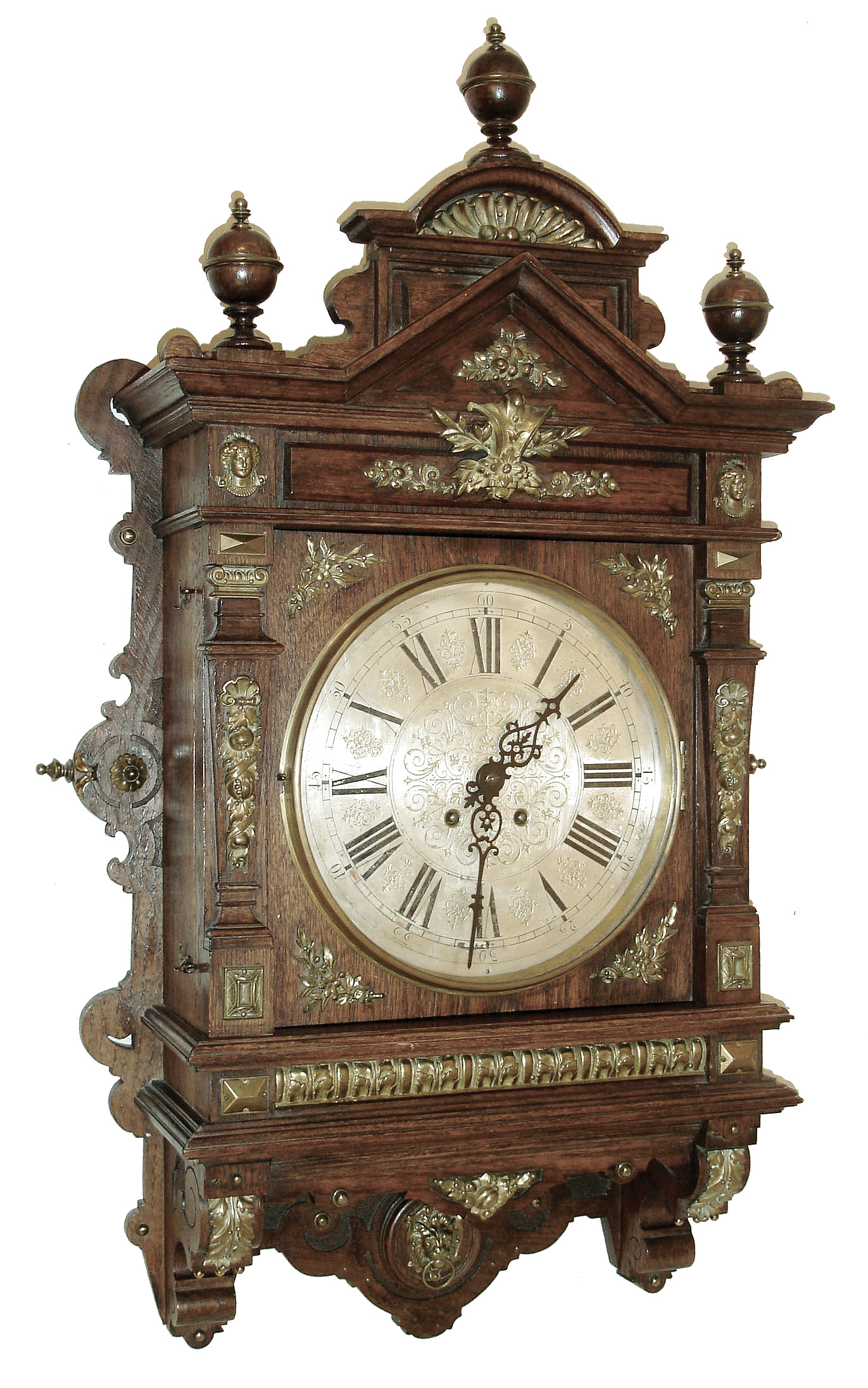 Lenzkirch, Germany, gallery clock, architectural oak case with applied cast ornament, top with turned finials, also with applied brass decoration Roman numeral silvered dial, black painted steel hands, 8 days, time and strike, movement, serial No. 871393, c1890 — Antique Clocks Price Guide