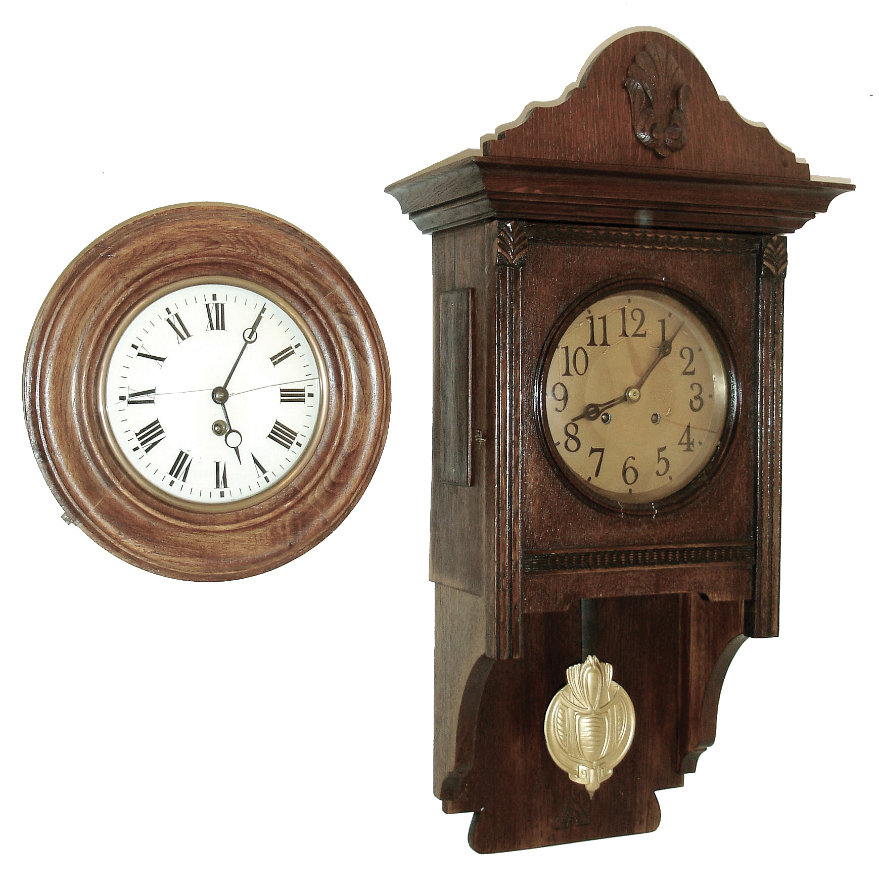 Clocks- 2 (Two): Both Lenzkirch, Germany, the fist a small gallery clock with round, molded front, Roman numeral glass dial, steel Breguet style hands, 8 days, timepiece movement, serial No. 1,214,927, 12 1/2Ó diameter, the other an oak cased free swinger the case and pendulum showing both Jugendstil and Arts and Crafts influence, Arabic numeral metal dial, blued steel hands, 8 days, time and strike, movement, serial No. 1,814,598, Ht 30 1/2Ò — Antique Clocks Price Guide