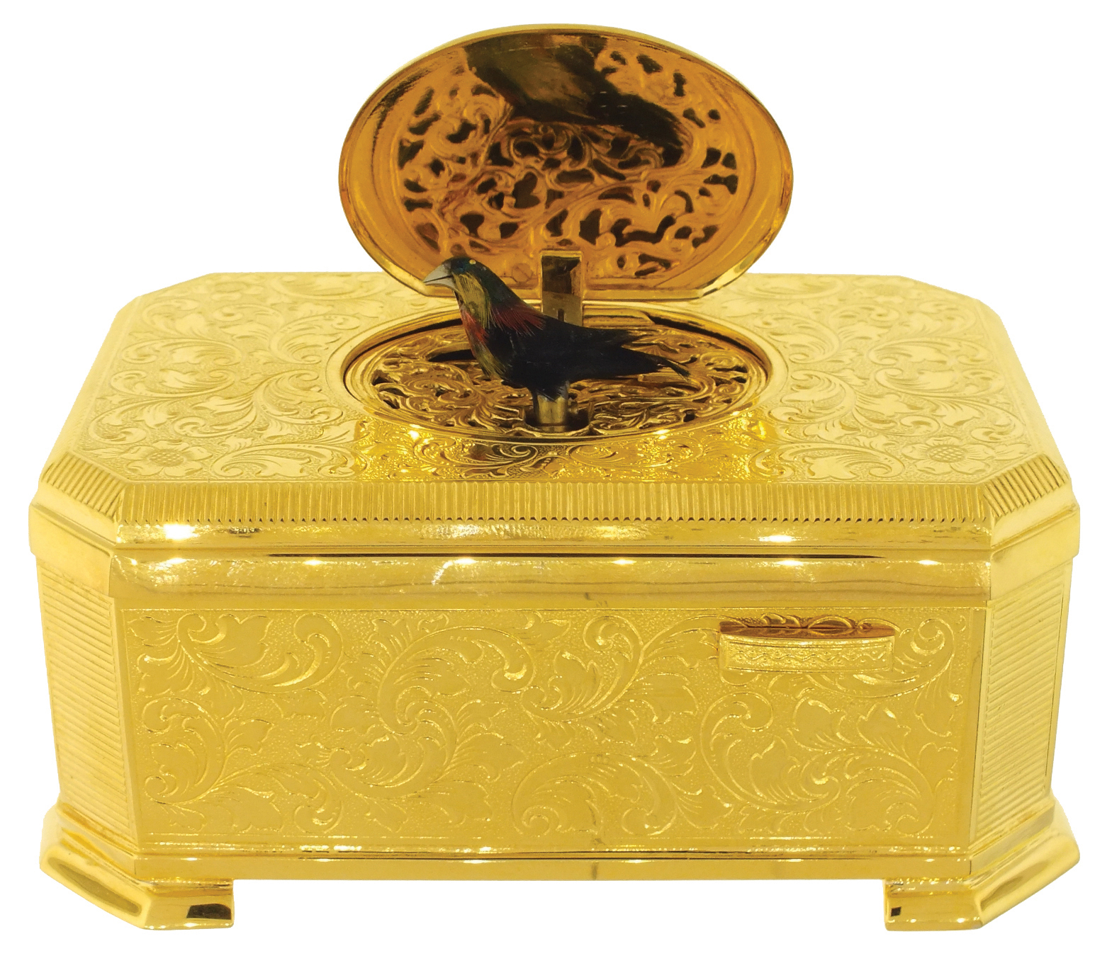 Mechanische Musikwerke Manufaktur, (MMM), Germany, singing bird box, the gilt case engraved with c scrolls and acanthus, top also with oval door engraved with birds and foliage, concealing a bird with brightly colored feathers, appearing and performing on demand, late 20th century — Antique Clocks Price Guide