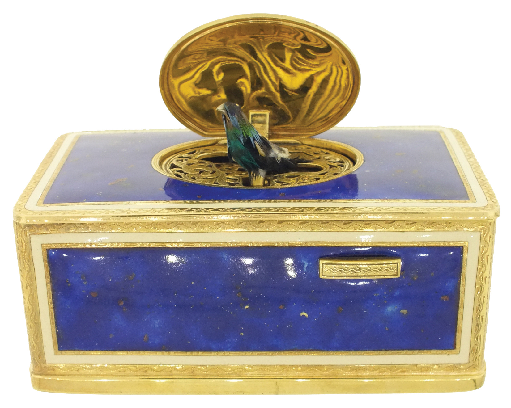 Germany or Switzerland, singing bird box, the surface with blue enamel in imitation of lapis lazuli, each panel bordered with a white enamel band, and with gilt, engraved borders, the top with oval door concealing a bird with brightly colored feathers, appearing and performing on demand, late 20th century — Antique Clocks Price Guide