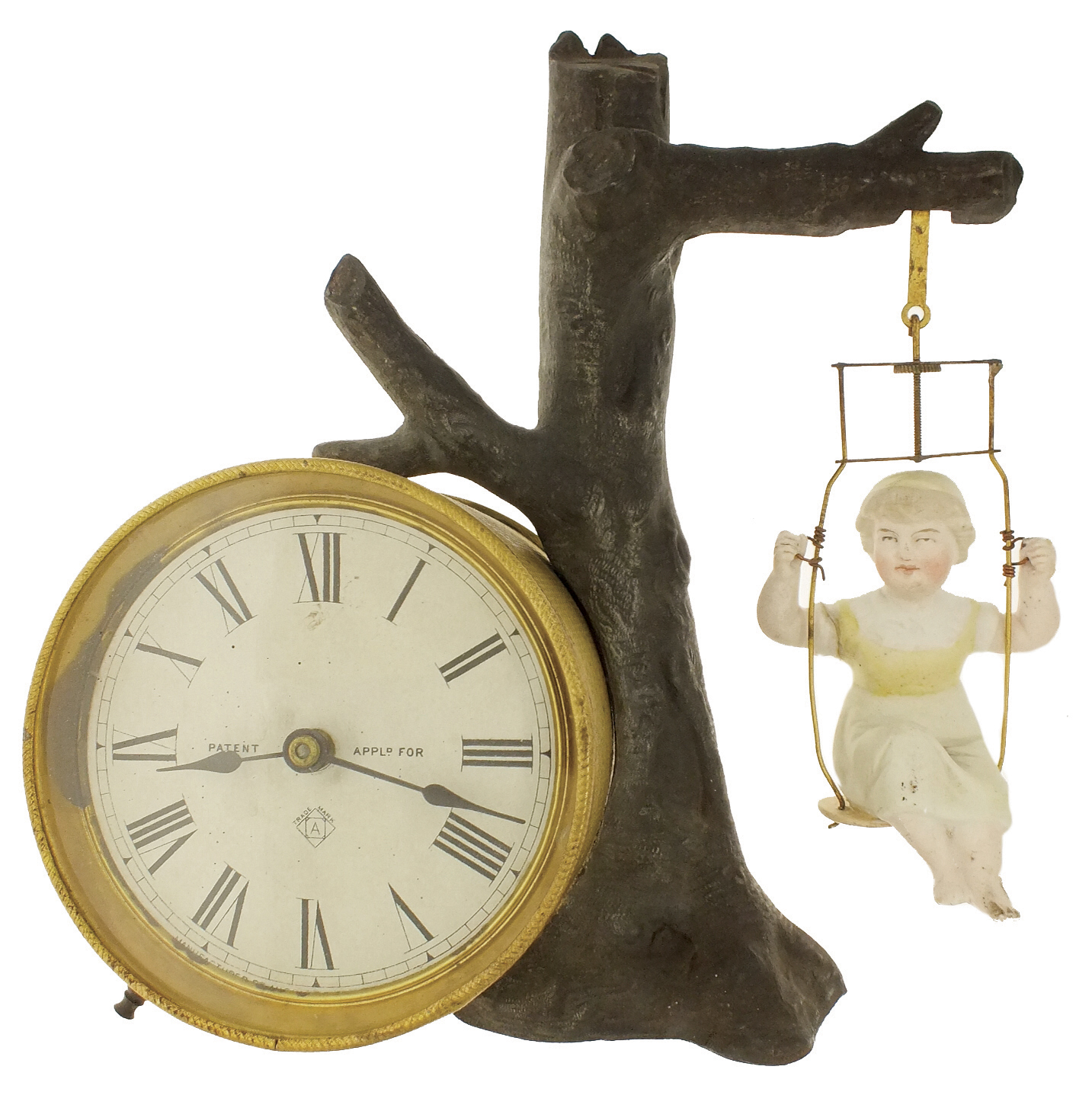 Ansonia Clock Co., New York, NY, ÓSwing No. 2Ò model swinging doll timepiece, sheet brass case with Roman numeral white paper dial, blued steel spade hands, a cast tree to the right, with a porcelain girl on a sing, suspended from a branch, and swinging as the clock ticks, c1894. — Antique Clocks Price Guide