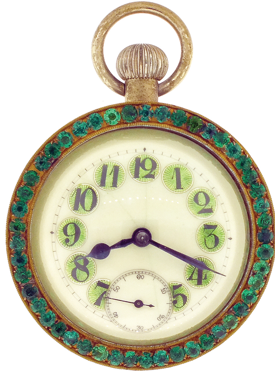France, paperweight clock, ball form with green brilliant set bezel, Arabic numeral white enamel dial with green cartouches, blued steel hands, 15 jewel stem wind, pin set bar movement, c1900 — Antique Clocks Price Guide