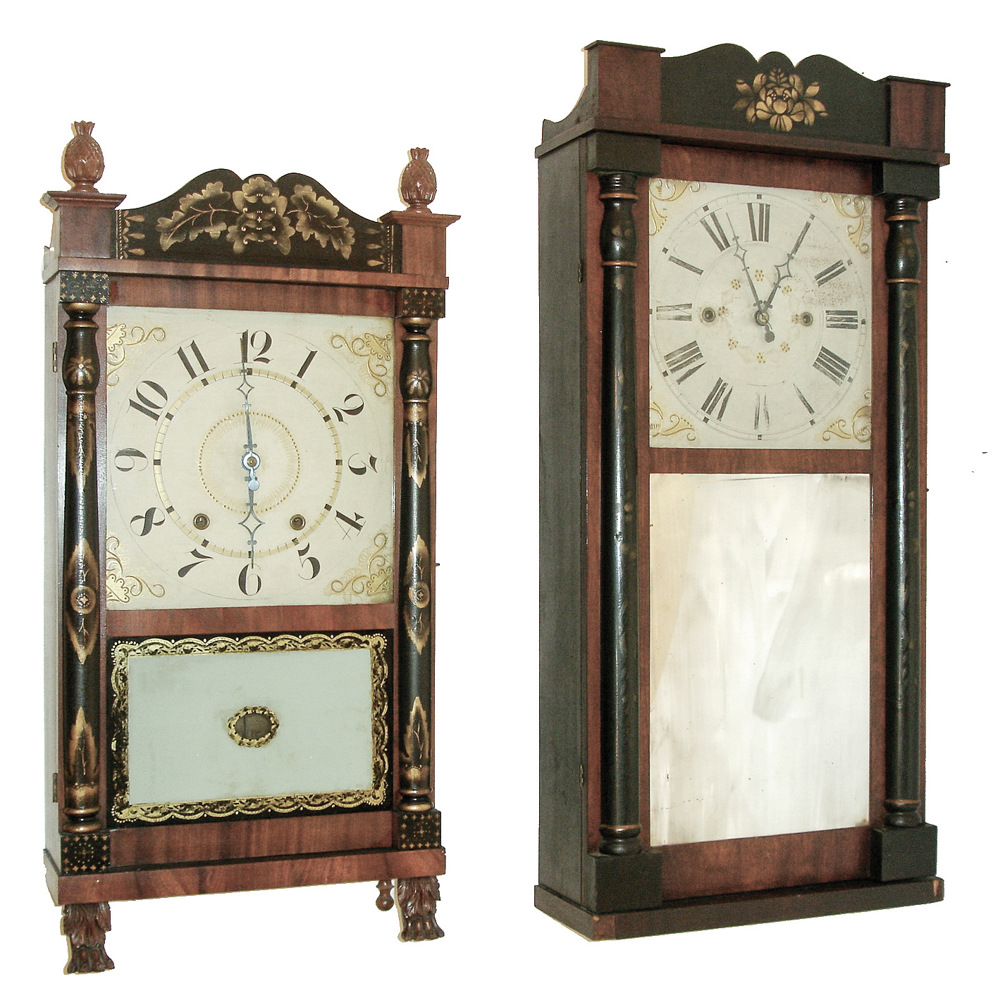 Clocks- 2 (Two): (1) E. &amp; G. W. Bartholomew, Bristol, Conn., 30 hours, time and strike, weight wood movement half column &amp; splat shelf clock, c132. (2) Burr &amp; Chittenden, Lexington, Mass., 30 hours, time and strike, weight wood movement half column &amp; splat shelf clock with ÓgroanerÒ movement, c135. — Antique Clocks Price Guide