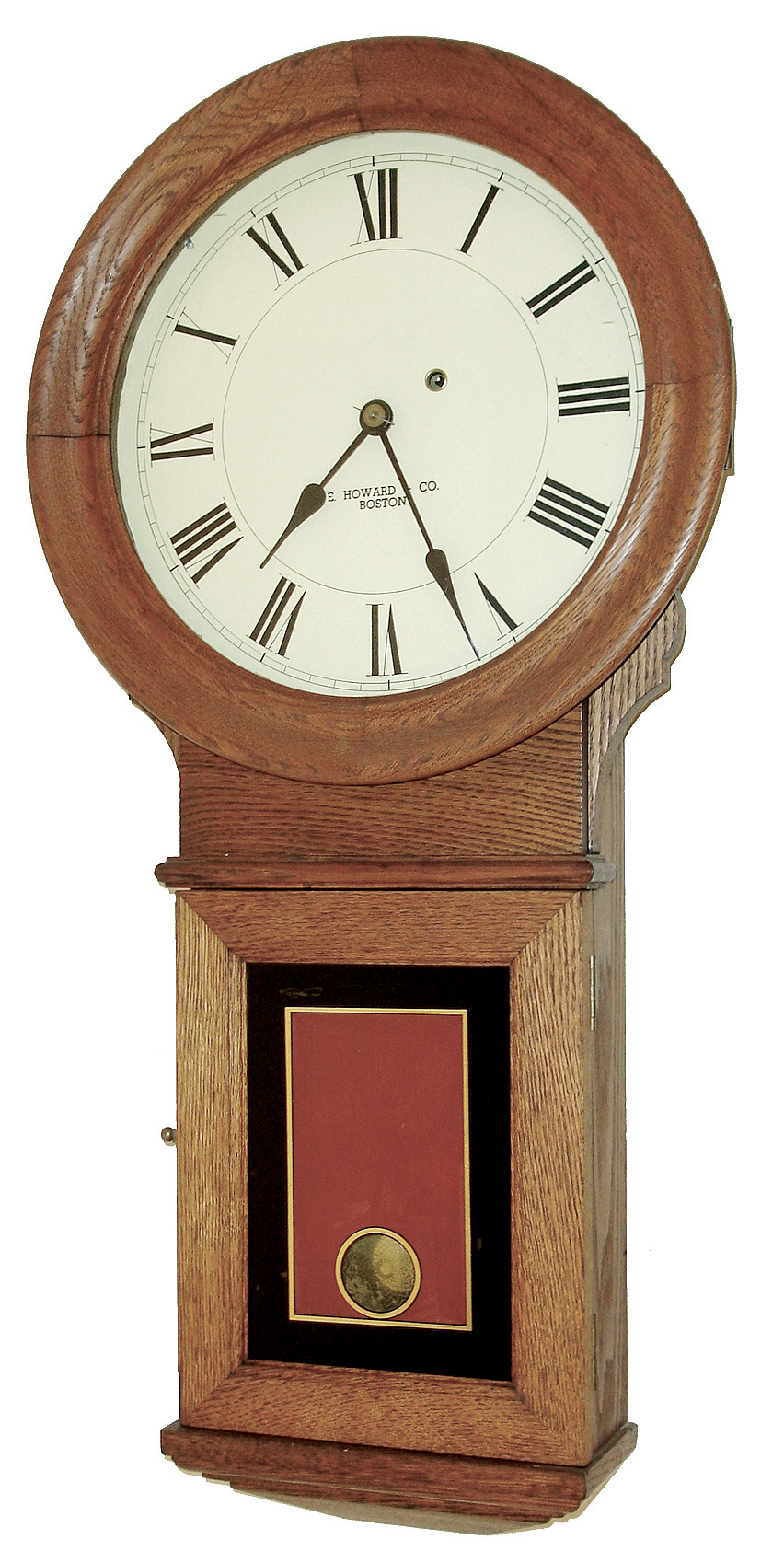 E. Howard &amp; Co., Boston, Mass., ÓNo. 70 RegulatorÒ, 8 days, weight brass movement in an oak case with a reverse painted tablet and painted metal dial wall timepiece, c1910 — Antique Clocks Price Guide