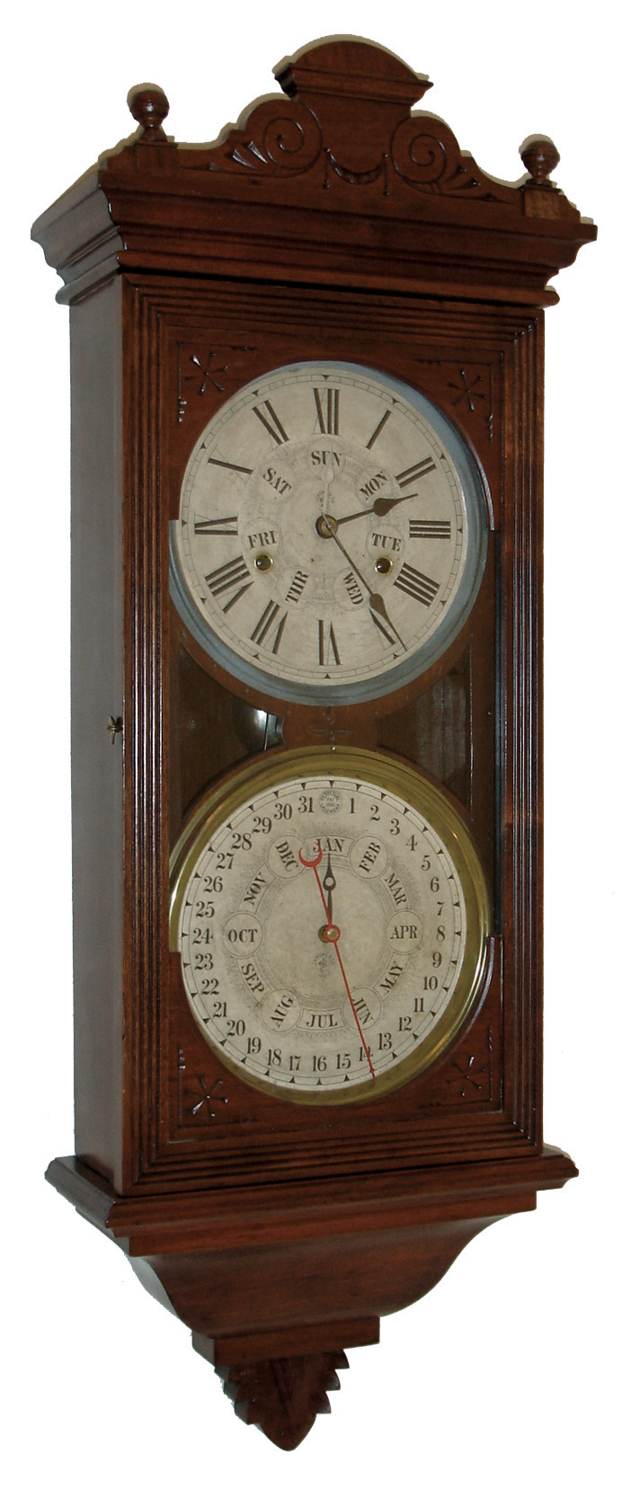 Jerome &amp; Co. (New Haven Clock Co.), New Haven, Conn., ÓRegisterÒ wall hanging clock with spring driven, 8 days, time and strike, movement with perpetual calendar in a walnut case, c1880. — Antique Clocks Price Guide