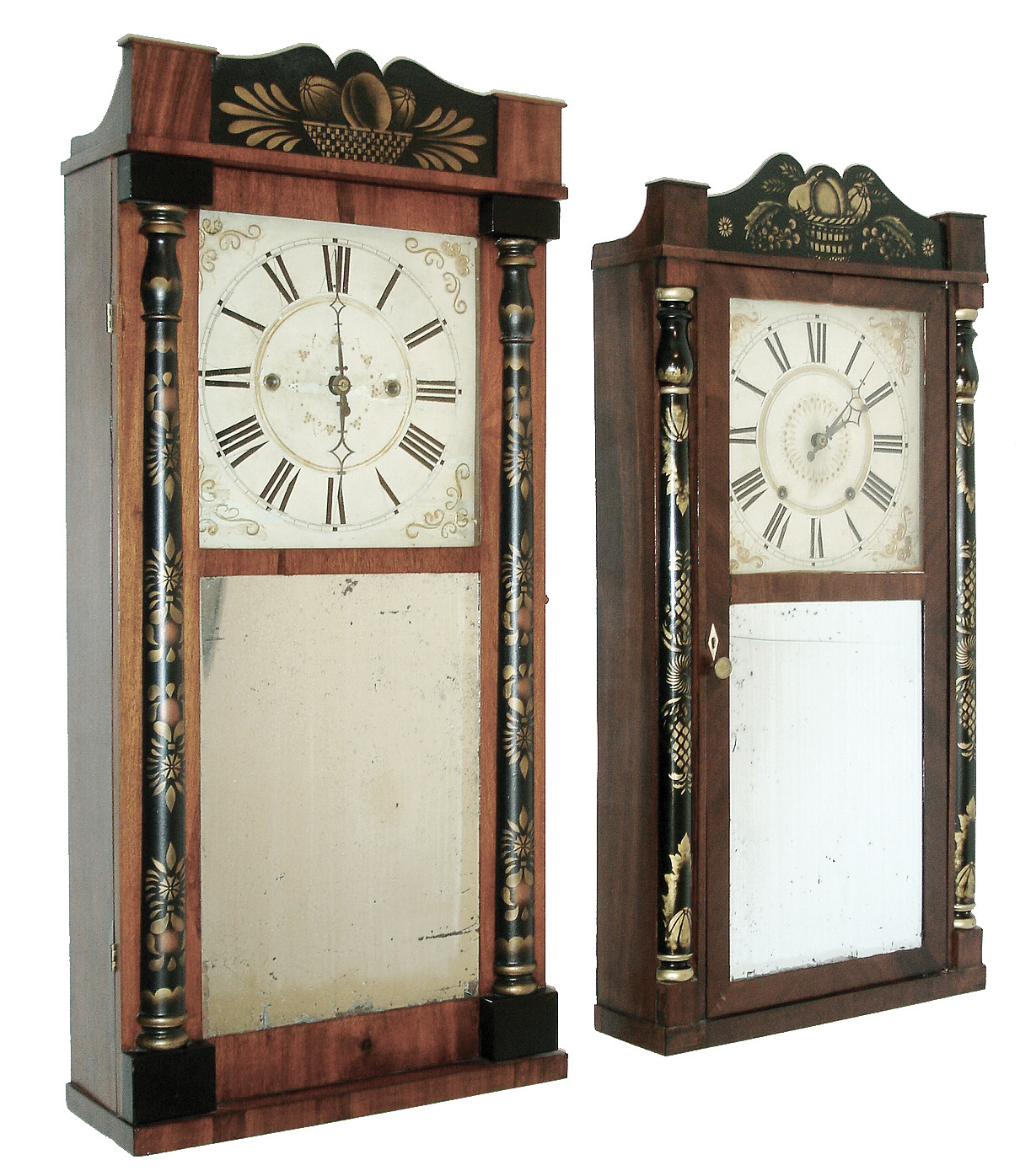 Clocks- 3 (Three): (1) Daniel Pratt, Jr., Reading Mass., 30 hours, time and strike, weight driven, wood movement half column &amp; splat shelf clock, c135. (2) Atkins &amp; Downs for George Mitchell &amp; R. Atkins, Bristol, Conn., 30 hours, time and strike, weight wood movement half column &amp; splat shelf clock, c1830. (3) Unknown, 30 hours, time and strike, weight wood movement half column &amp; splat shelf clock with ÓgroanerÒ movement, c129. — Antique Clocks Price Guide