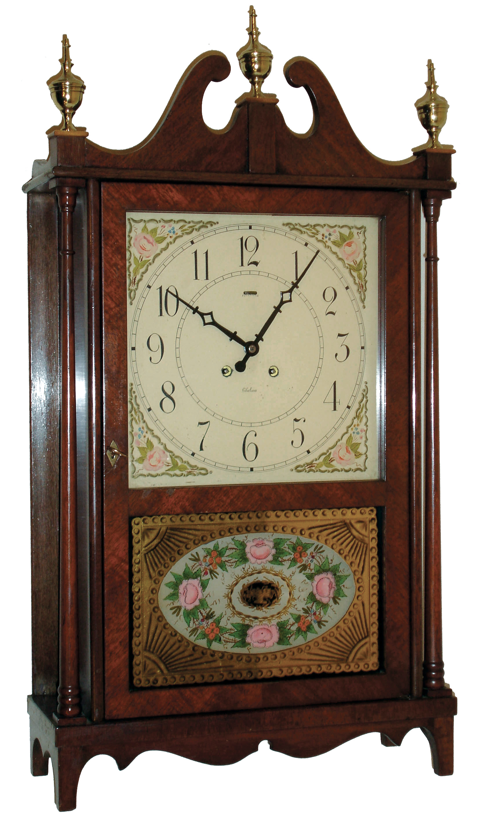 Chelsea Clock Co., Boston, ÓThe TerryÒ mahogany 3/4 size, 8 days, time and strike, reproduction pillar and scroll shelf clock 536529, 1949 dated original receipt. — Antique Clocks Price Guide