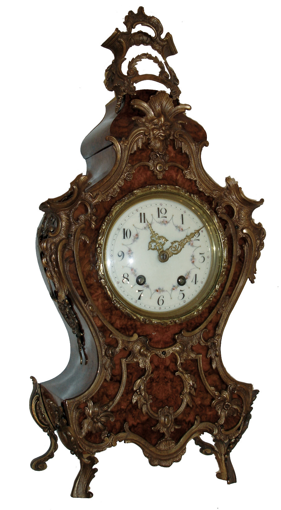 Lenzkirch, Germany, shelf or mantel clock, burl walnut veneered case, heavily ornamented with gilt, cast brass mounts in the rococo style, gilt bezel with similar decoration, Arabic numeral white enamel dial with polychrome enamel floral festoons, fancy gilt hands, 8 days, time and strike, movement, serial No. 133811, c1890 — Antique Clocks Price Guide