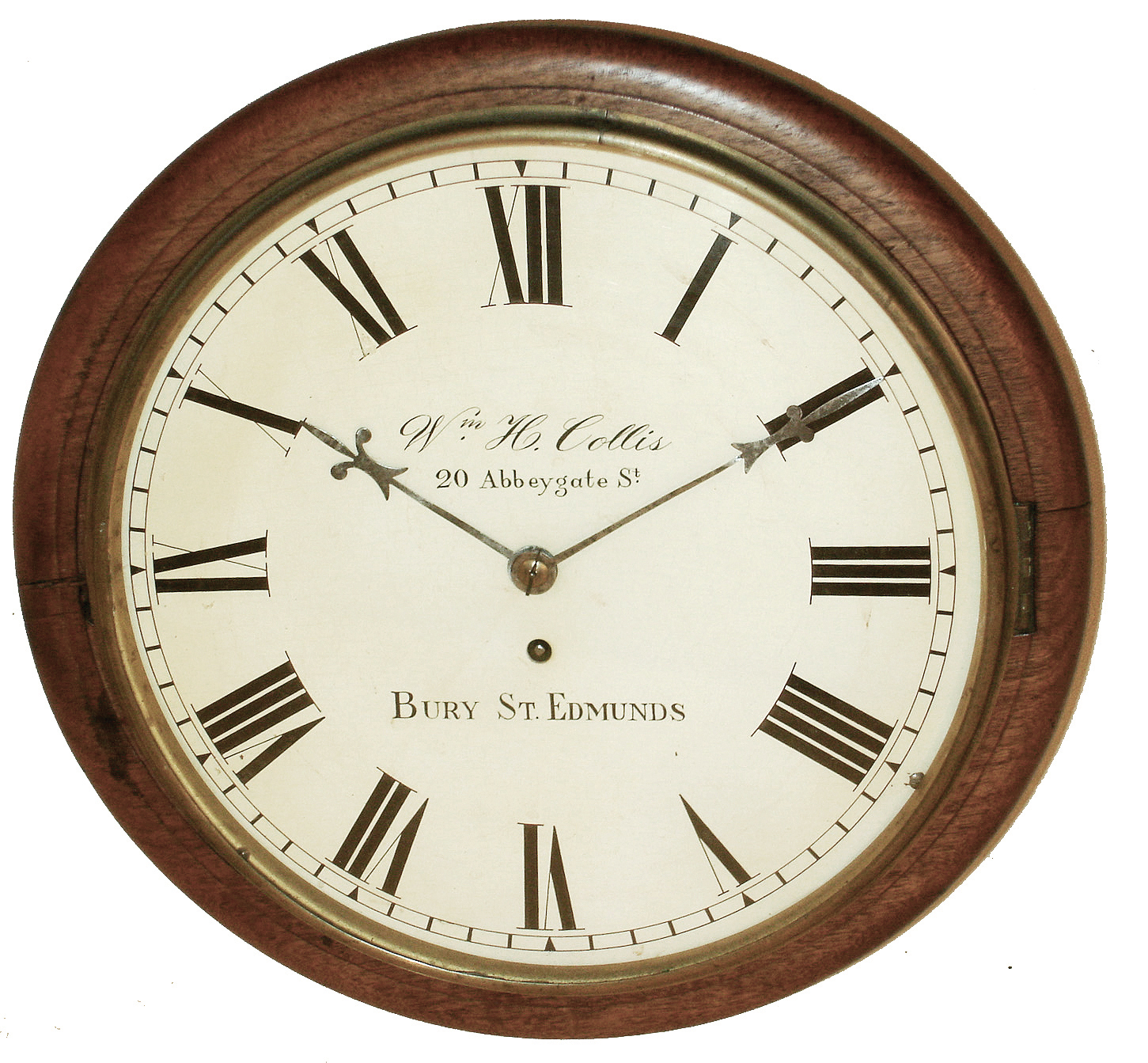 English Dial Clock, walnut, 8 days, time only, fusee, painted metal dial signed ÓWm. H. Collis, 20 Abbeygate St., Bury St. EdmundsÒ, c1900 — Antique Clocks Price Guide