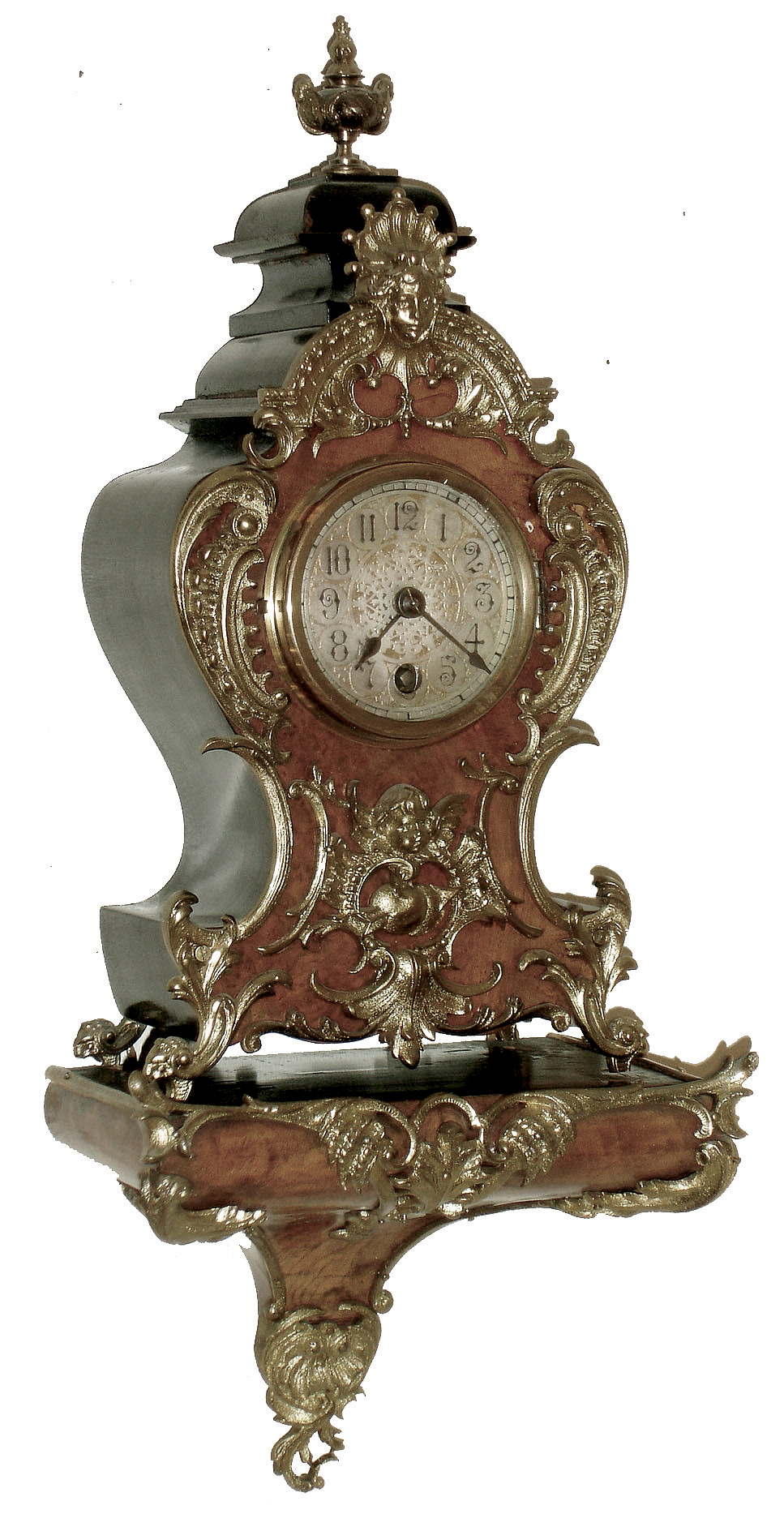 Lenzkirch, Germany, walnut and ebonized small balloon-style, 8 days, time only, bracket clock and shelf, with cast brass ornaments, 765592, 1883 — Antique Clocks Price Guide