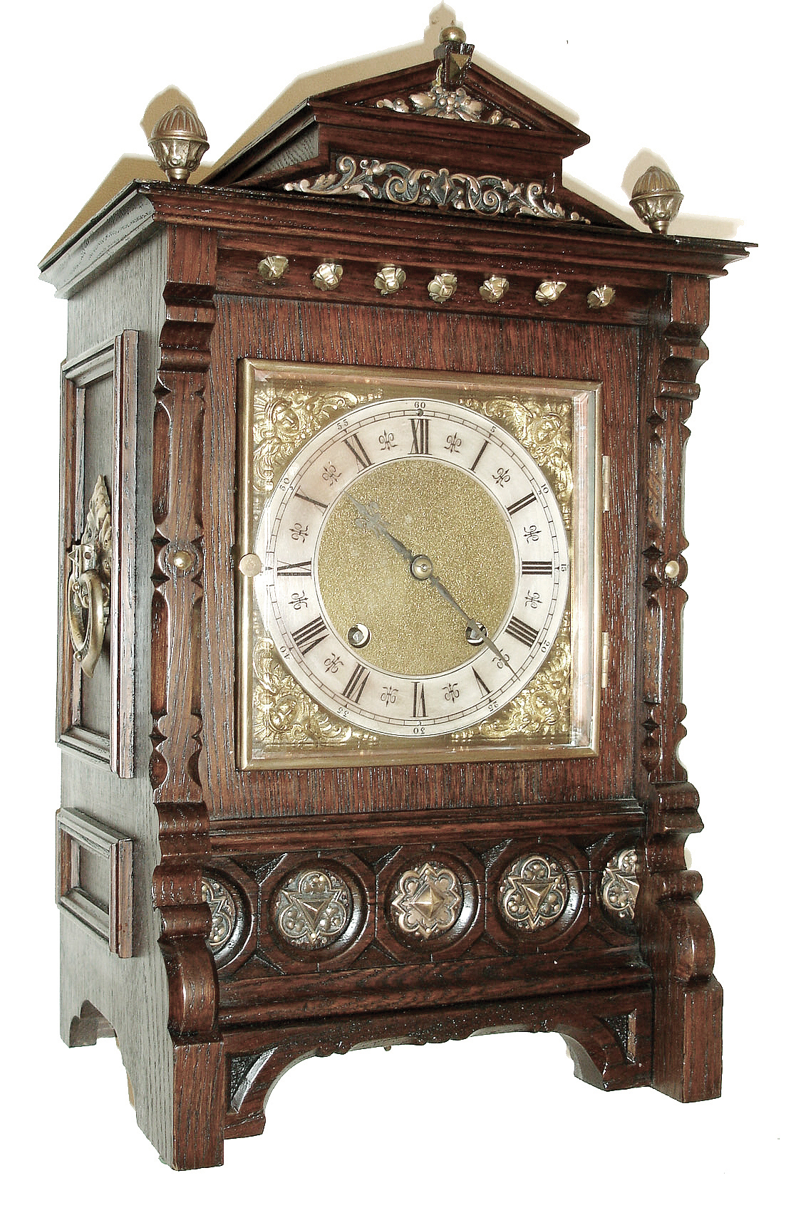 Lenzkirch, Germany, shelf clock, oak architectural case with applied, cast ornaments, case sides with decorative cast carrying handles, square brass bezel with beveled glass, composite dial with gilt spandrels, matted center, and Roman numeral, silvered chapter ring, blued steel hands, 8 days, time and strike, movement with ting tang quarters, serial No. 1,022,317, c1895 — Antique Clocks Price Guide