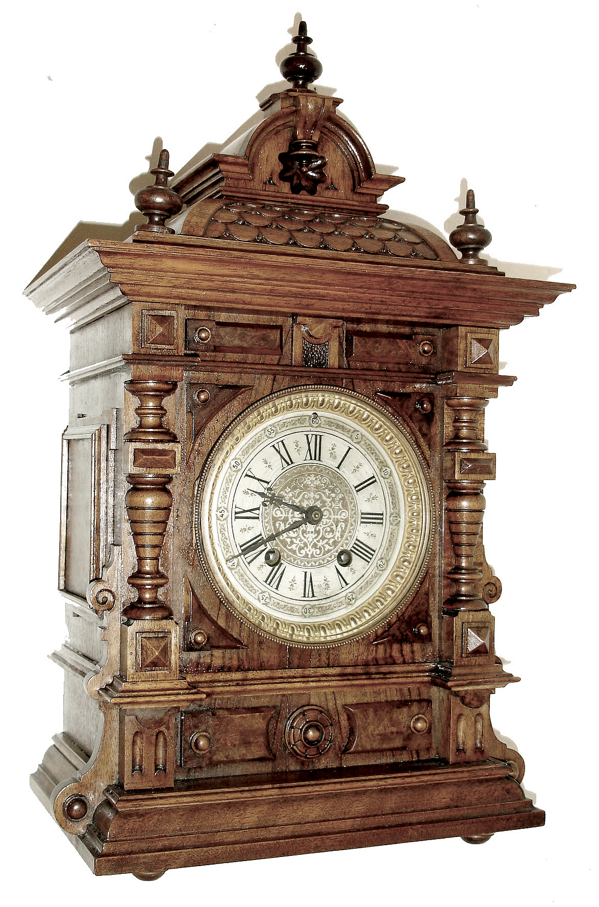 Lenzkirch, Germany, ÓNo. 171Ò shelf clock, walnut and burl walnut veneer architectural case with much turned, carved and applied ornament in typical Lenzkirch style, Roman numeral silvered dial with gilt bezel, blued steel hands, 8 days, time and strike, movement, serial No. 1,204,980, c1900 — Antique Clocks Price Guide