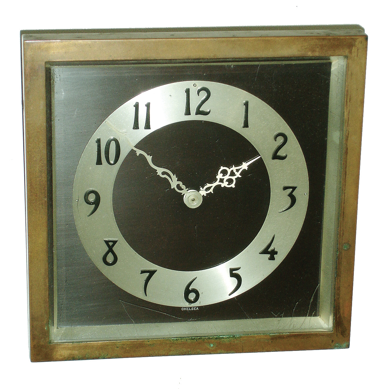 Chelsea Clock Co., Boston, ÒRaleighÓ brass, 8 days, time only, easel-style desk clock 256145, 1939 — Antique Clocks Price Guide
