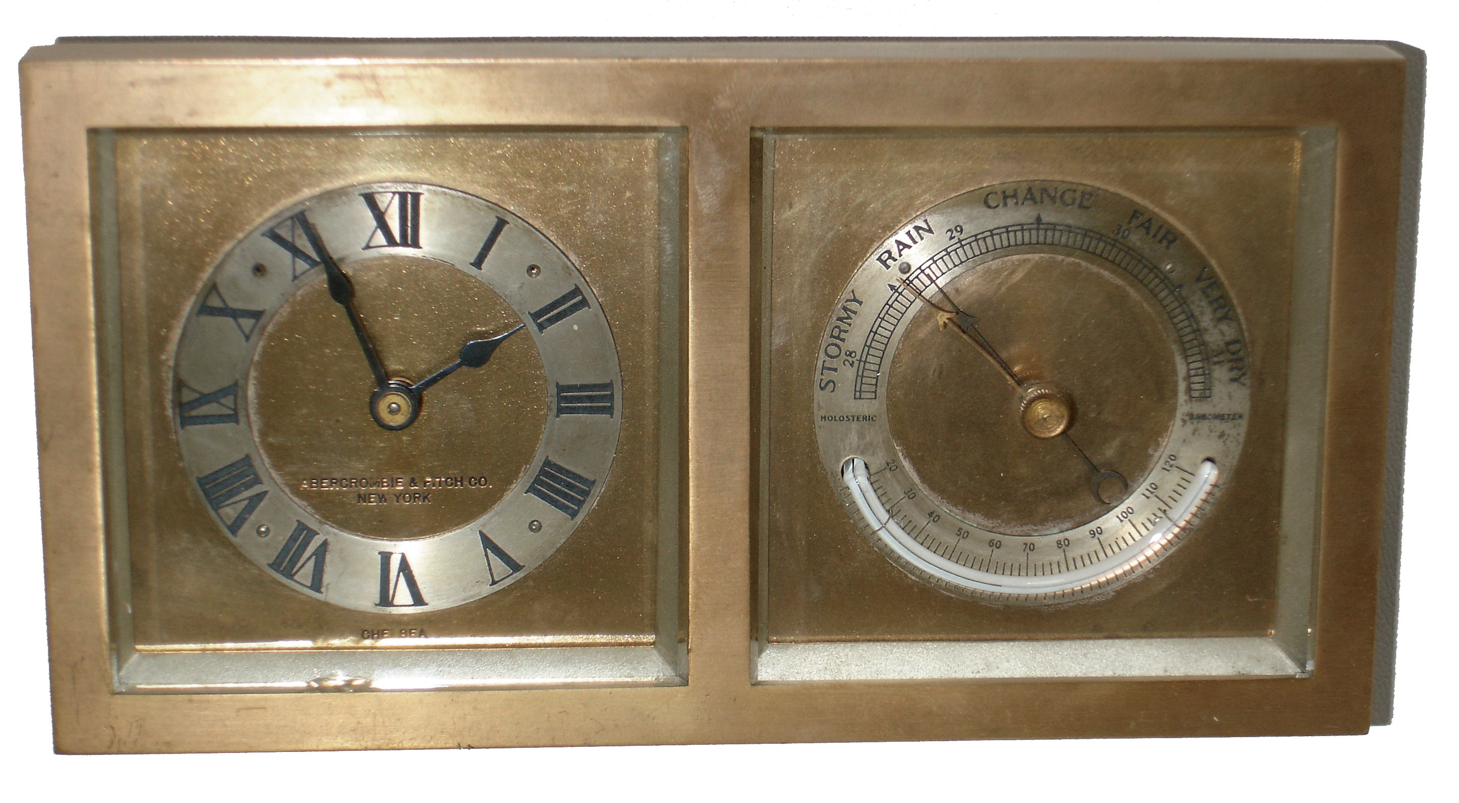 Chelsea Clock Co., Boston, for Abercrombie &amp; Fitch, ÓPerryÒ brass easel-style, 8 days, time only, clock and barometer desk set, with curved thermometer, No. 188285, 1928 — Antique Clocks Price Guide