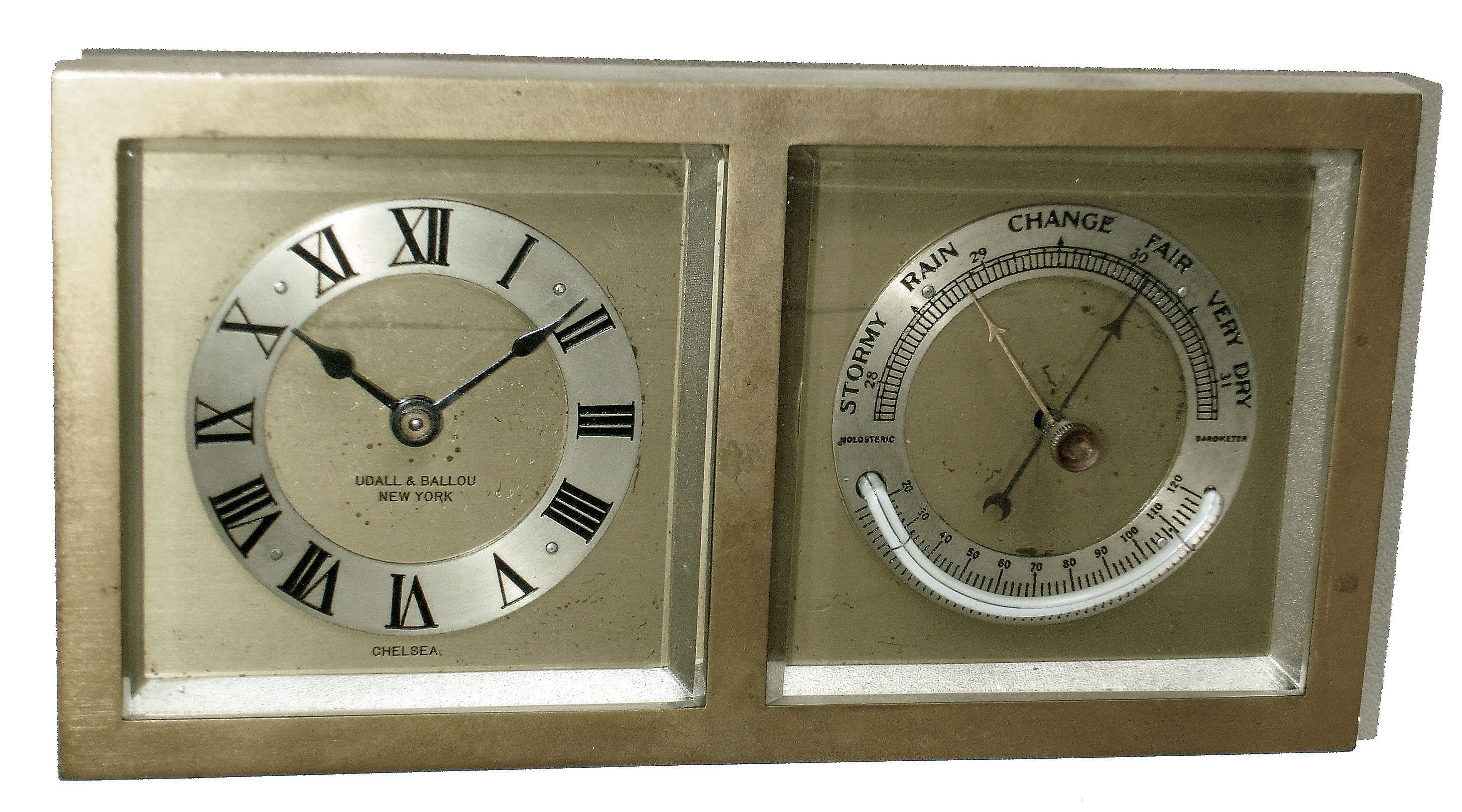 Chelsea Clock Co., Boston, for Udall &amp; Ballou, New York, NY, ÓPerryÒ easel-style, 8 days, clock and barometer brass desk set, No. 188691, 1928 — Antique Clocks Price Guide