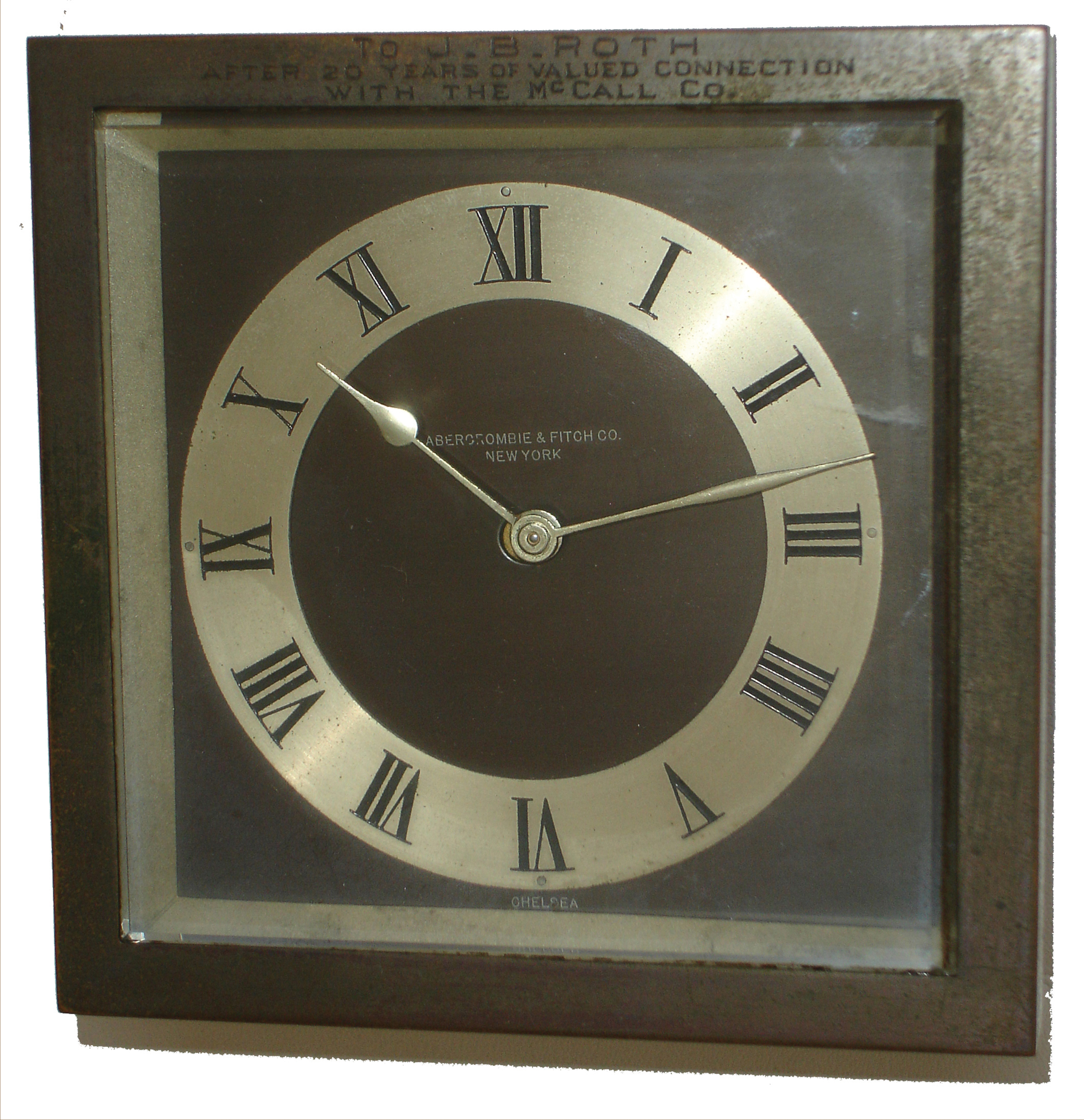 Chelsea Clock Co., Boston, for Abercrombie &amp; Fitch, New York, NY, ÒDrakeÓ bronzed, 8 days, easel-style, time only, desk clock, No. 185069, 1928 — Antique Clocks Price Guide