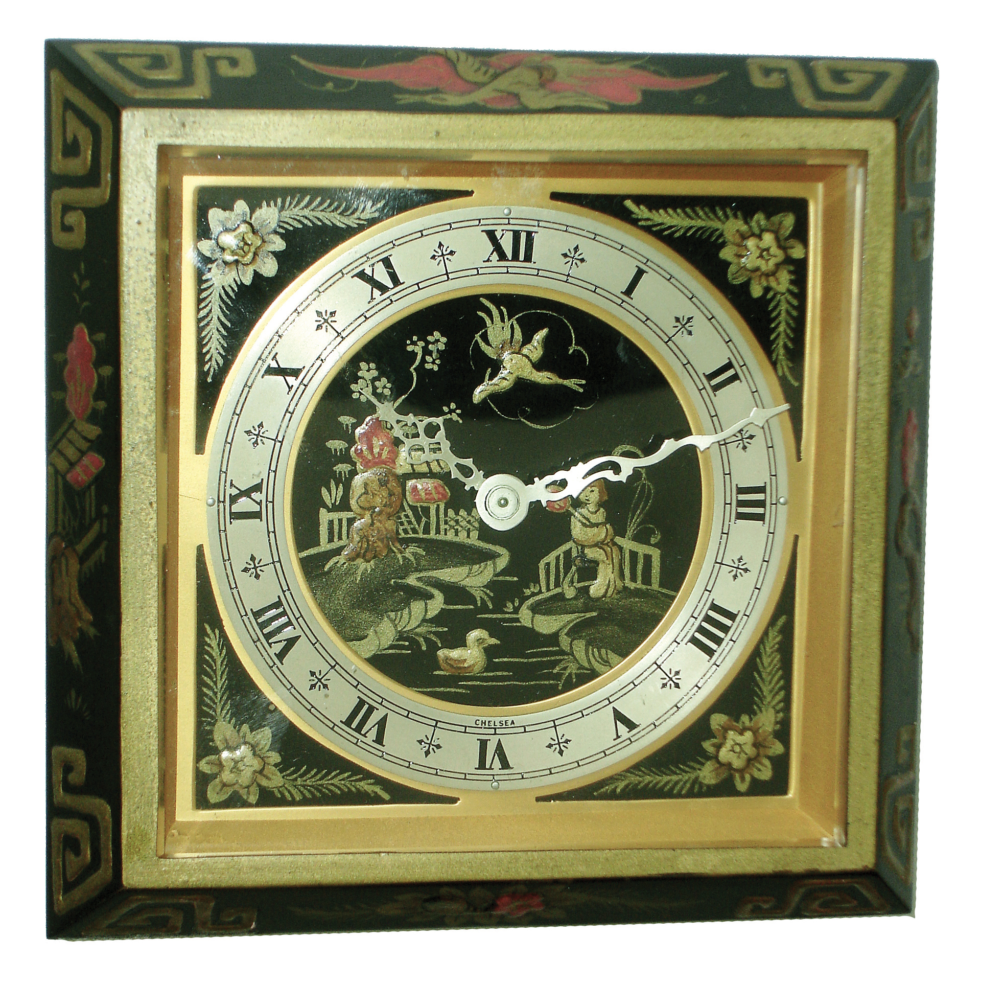 Chelsea Clock Co., Boston, ÒChinese LacquerÓ, 8 days, time only, painted brass desk clock, No. 509501, c1945 — Antique Clocks Price Guide