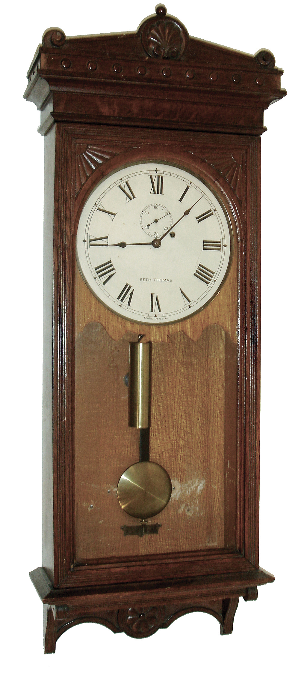 Seth Thomas Clock Co., Thomaston, Conn., ÒRegulator No. 30Ó wall clock, 8 days, time only, weight driven movement in an oak case with a painted metal dial, c1890 — Antique Clocks Price Guide