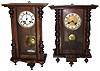 Clocks- 5 (Five) German, 8 days, time and strike, walnut, spring driven, wall clocks: three with white enamel dials; two with cream enamel chapter rings; all missing top crests; c1900