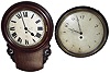 Clocks- 2 (Two) English single fusee, 8 days, time only, walnut wall clocks with painted metal dials: one round 13Ò dial gallery; one short drop 11 1/2Ó dial; c1890
