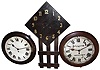 Clocks- 5 (Five) wood case, 8 days, spring driven, wall clocks: English dial single fusee; German (?), time only, round gallery clock; Connecticut oak mission time and strike; German, time and strike, with leaded glass; and American, time and strike, long-drop school clock; early 20th century