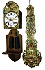 French Morbier or Comtoise, 8 days, weight driven, time, alarm, & strike (with prayer repeat) wall clock, with wall bracket and fancy pressed-brass pendulum, c1840