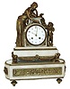 France, Briant, marble and gilt bronze mantel clock with separate base, the base with convex ends, and with recessed panels, all with gilt ornament, the front in relief depicting putti creating mischief, and on foliate ornamented toupie feet, the base of the clock case with gilt swags and with paw feet, and the upper section with figures flanking the dial, a putto on the right presents a bird to the standing female at the left, Arabic numeral white enamel dial signed ÒBriant a ParisÓ, gilt pierced and engraved hands, 8 days, time and strike, pendule a Paris movement marked Vincenti, c1870
