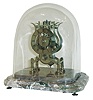 Skeleton clock, England, the, 8 days, fusee movement with pierced brass plates of lyre form, turned baluster pillars, recoil escapement, engraved Roman numeral brass dial with blued steel hands, all on turned feet and mounted to a stepped, varicolored marble base, with glass shade, c1850