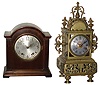 Clocks- 4 (Four), 8 days, time and strike, mantel clocks: (1) French cast brass, late 19th century; (2) Seth Thomas probably Patrician No. 1 (or No. 2) model mahogany bracket, c1928; (3) Seth Thomas miniature reproduction mahogany violin clock, 30 hours, time only, period pendulum driven movement, 20th century; (4) The Horolovar Co., Bronxville, New York, NY, ÓIgnatzÒ, 8 days, reproduction novelty mantel clock, postmark 1965 on original cardboard box with original documents