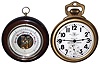 Clocks- 7 (Seven) and a barometer: (1) German modern reproduction of cast-composite clock peddler figure and 30-hour clock, c1980; (2) 1986 NAWCC souvenir quartz-movement pocket watch wall clock; (3) & (4) Bulova Watch Co., Swiss- 2 (Two) prints of old city scenes with working battery-powered clocks within the pictured towers, mid 20th century; (5) German Black Forest 2-weight 30-hour hanging cuckoo clock, early 20th century; (6) Swiss modern Neuchatel style, 8 days, painted wood bracket clock with bracket, quarter strike on two bells, c1985; (7) Horolovar Co., New York [Charles Terwilliger] reproduction ÒHickory Dickory DockÓ mouse clock, 8 days, time with bell on the hour, c1970; (8) Lufft, Germany, aneroid barometer