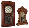 Clocks- 4 (Four) American shelf clocks: (1) Waterbury Clock Co., Waterbury, Conn.weight driven, 30 hours, time and strike, shelf clock in a rosewood veneer case (Chauncey JeromeÕs 1857 case patent), c1860. (2) Seth Thomas Clock Co., Thomaston, Conn., ÒNo. 1117 from the Metals SeriesÓ, spring driven, 8 days, time, strike and alarm in an oak case with brass embellishments c1909; (3) Waltham, 30 hours, gas light clock with milk glass, c1900; (4) Waltham, 8 days, art deco triangular auto clock, c1925
