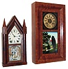 Clocks- 4 (Four) American: (1) JeromeÕs & Co., Bristol, Conn., 30 hours, time and strike, weight brass movement OG shelf clock; (2) Brewster & Ingrahams, Bristol, Conn., 30 hours, time and strike, spring-driven brass with iron back plate movement Sharp Gothic or steeple clock; (3) Seth Thomas Clock Co., Plymouth, Conn., half column shelf clock with 30 hours, time and strike, movement with brass springs in a mahogany case, c1850; (4) Seth Thomas Sons and Co., ÒNo. 5002Ó, 15-day, time only, candle stand clock, with round glass dome, c1872