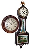 Clocks- 3 (Three), 8 days, Connecticut wall clocks: (1) Brewster & Ingrahams, time only, walnut gallery clock, c1850; (2) Seth Thomas, time and strike, banjo clock, early 20th century; (3) Seth Thomas Clock Co., Thomaston, Conn., ÒWardroomÓ shipÕs bell clock, 30 hours, time and strike, spring driven, hanging clock in oak case, c1904