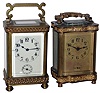 Clocks- 3 (Three) 8 days, brass and glass carriage clocks: (1) French time and alarm ÓRepousse Decorated DoucineÒ case, dial signed ÓCamerden & ForsterÒ (New York retailers); (2) ÓBoite RicheÒ case, early 20th century; (3) Seth Thomas Clock Co., Thomaston & New York, NY, ÓCarriage No. 1Ò, 8 days, time only, brass and glass carriage clock, c1896