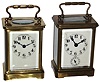 Clocks- 4 (Four) French carriage clocks, 8 days, brass and glass, early 20th century: (1), time only, by Duverdrey & Bloquel with rampant lion trademark; (2) time and alarm with rampant lion trademark; (3) Quarter Repeating, 8 days, time and strike, c1900; (4) oval and alarm, c1900